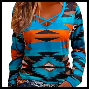 Geometric Southwestern Aztec Cross-Front V-Neck Top All Season